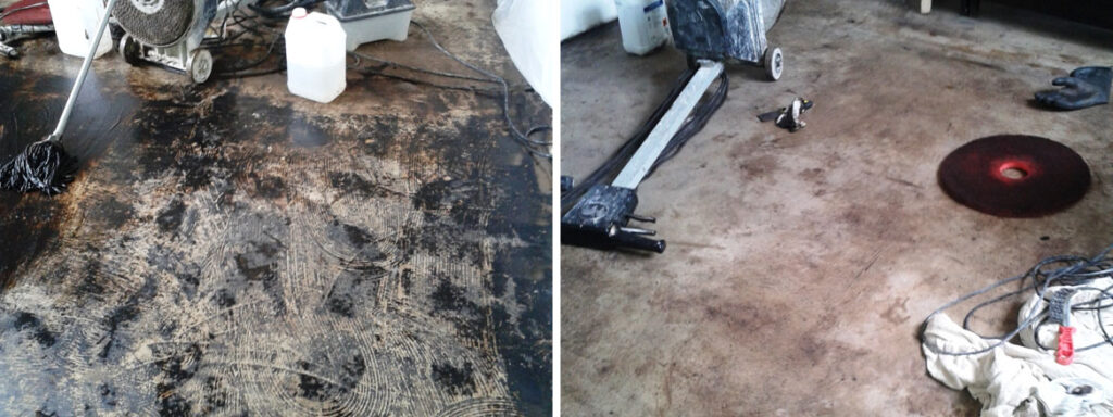 Concrete Floor Bridport Covered in Bitumen Before and After cleaning
