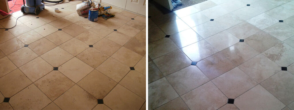 Travertine Tiled Floor Sandbanks Before and After Cleaning