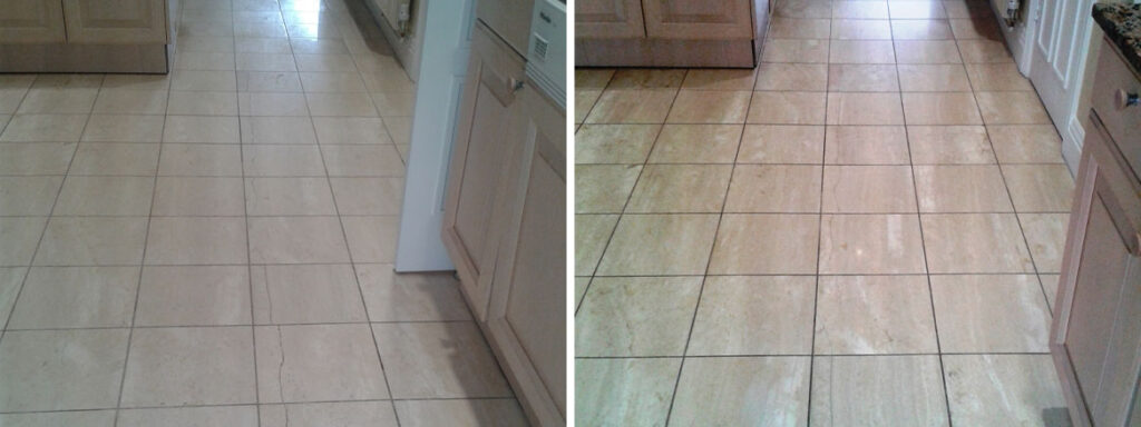 Travertine tiled floor Before and After cleaning in Sandbanks